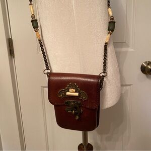 MAYA MOLDED LEATHER BELT CROSSBODY BAG BROWN HANDMADE BOHO HARDWARE LONG STRAP